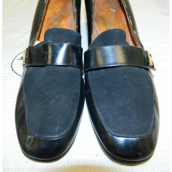 Hermès Paris Vintage Black Leather & Suede Block Heel Loafers Gold "H" Hardware - Picture 2 of 16